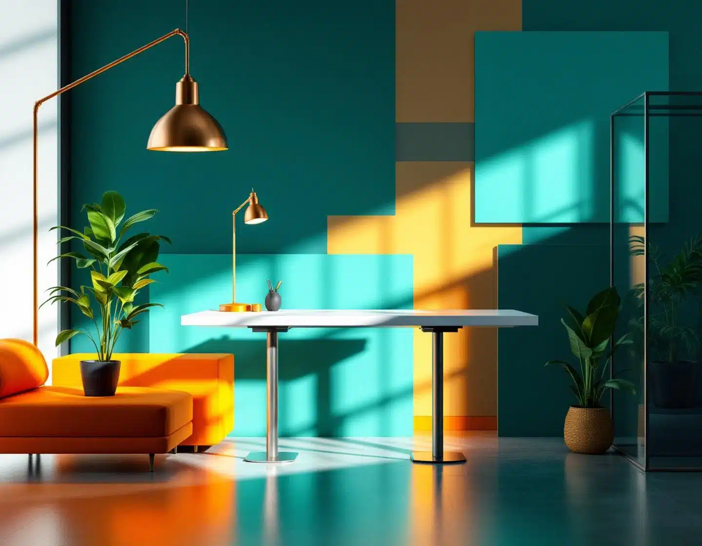 moderne kantooropstelling met geometrisch bureau, dramatische belichting en levendige blauwgroen-oranje kleurblokken