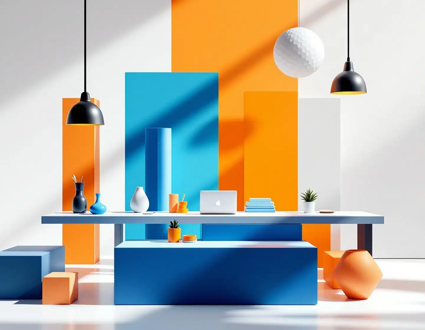 moderne kantooromgeving met geometrische vormen in blauw en oranje, dramatische belichting en minimalistische bureauaccessoires