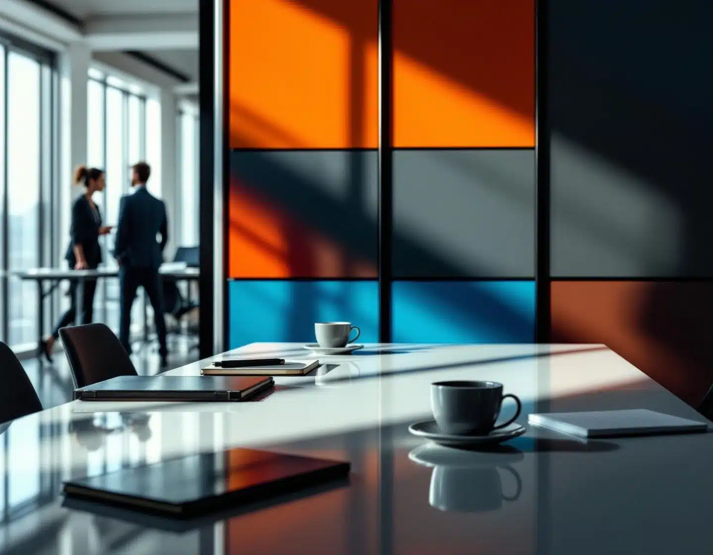 moderne vergaderruimte met dramatische belichting, geometrische wandpanelen en professionele accessoires op tafel