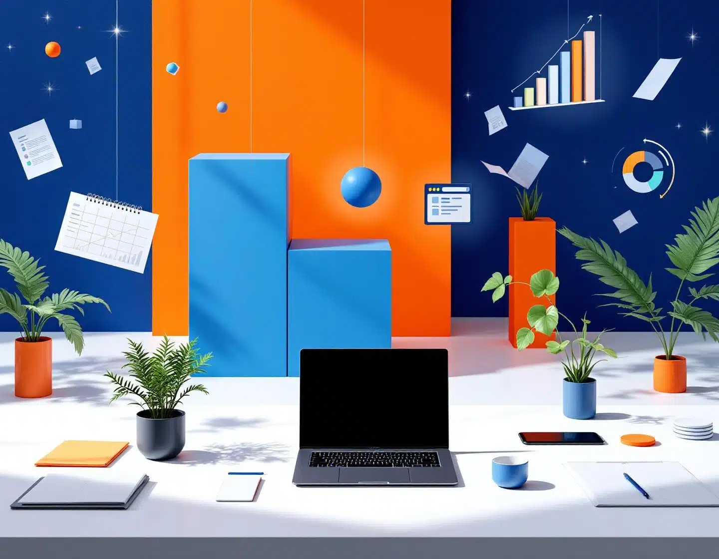 moderne kantooromgeving met laptops en documenten in geometrische opstelling met blauwe en oranje achtergrond