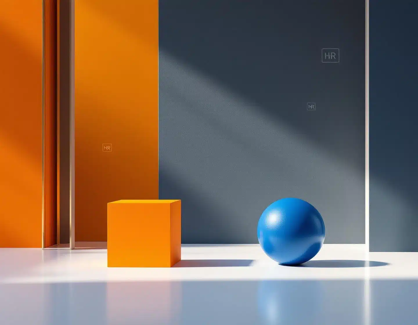 oranje kubus en blauwe bol op wit oppervlak met dramatische belichting, symboliseert partnerschap en keuze in recruitment