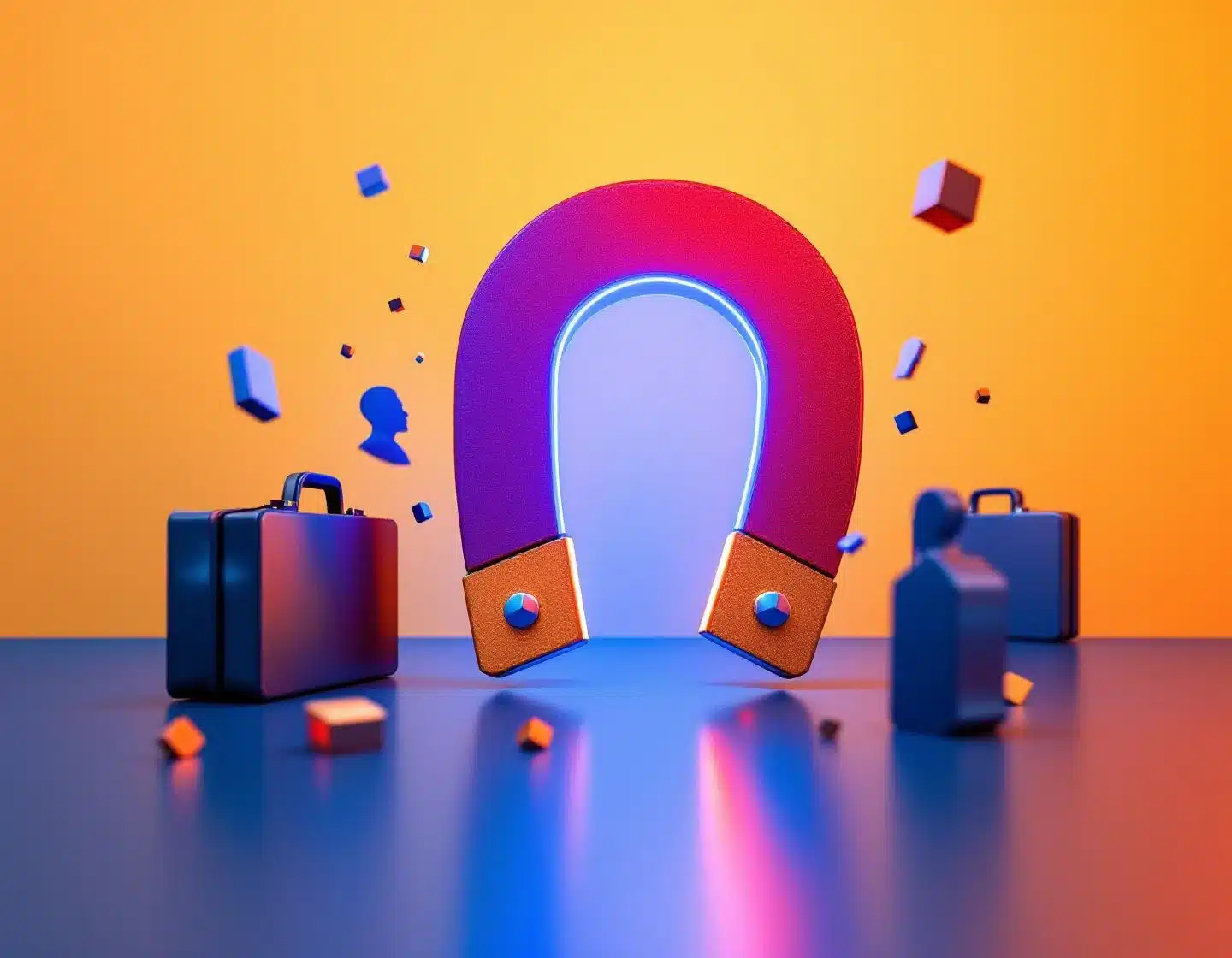 magneet trekt metallic vormen aan die talent vertegenwoordigen, met professionele recruitment symbolen op kleurrijke achtergrond