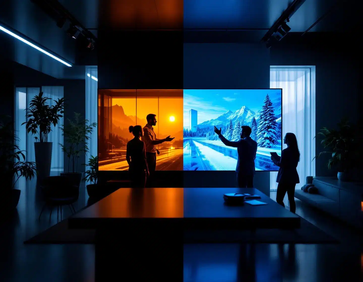 moderne kantooromgeving met contrast tussen authentieke werknemers links en gepolijste bedrijfspresentatie rechts