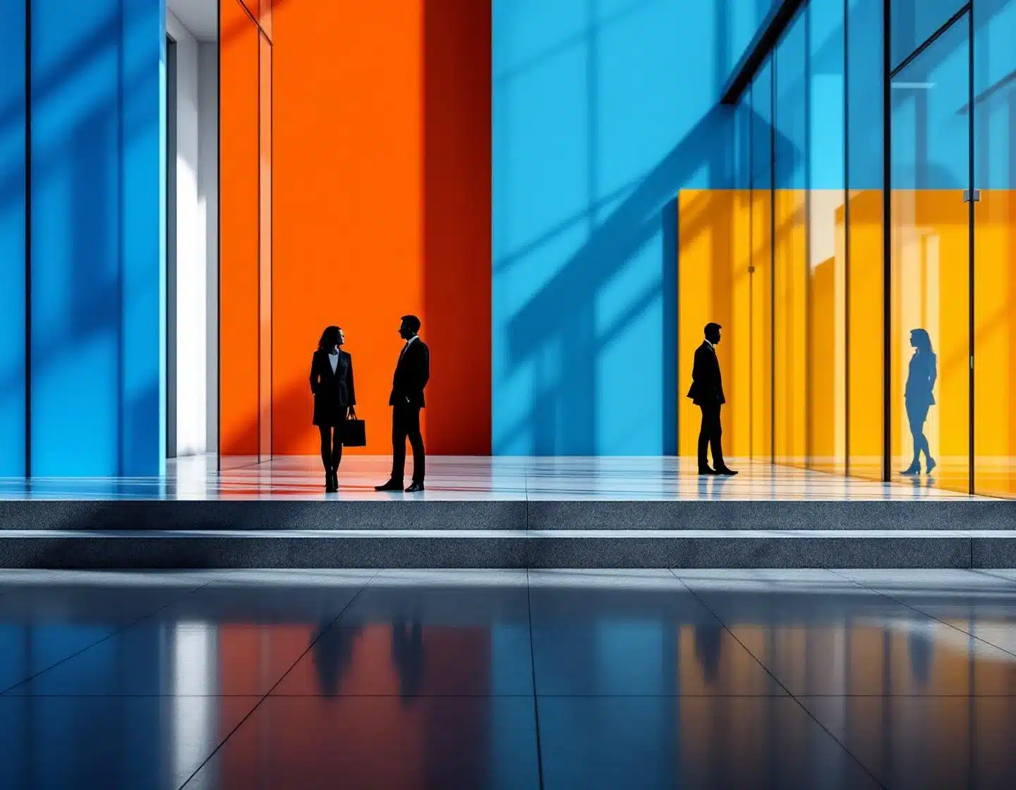 moderne kantoorruimte met geometrische vormen en silhouetten van professionals in blauw-oranje kleurblokken