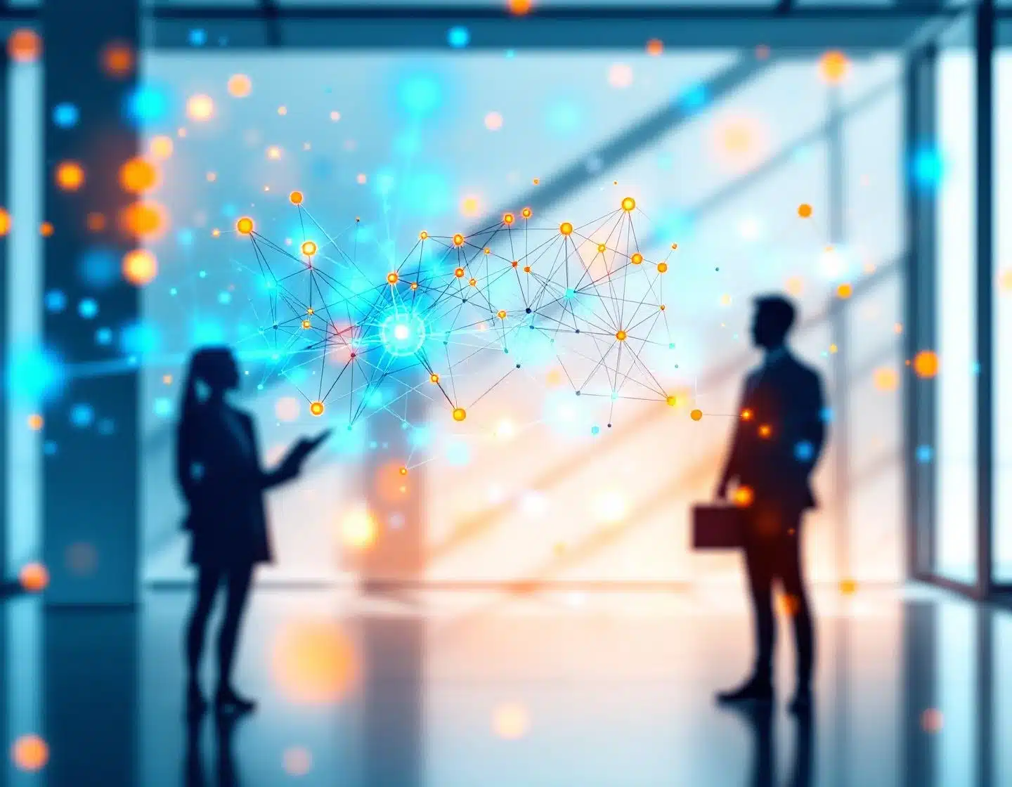ai neuraal netwerk met gloeiende blauwe en oranje verbindingslijnen boven moderne kantooromgeving met menselijke silhouetten