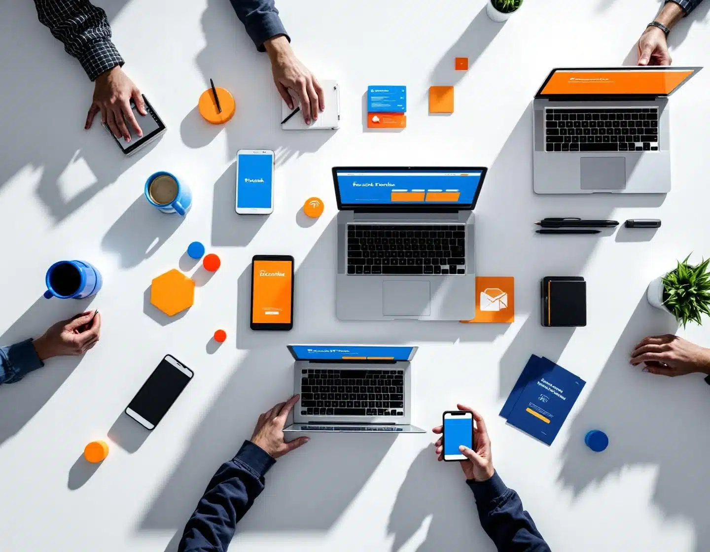 digitale apparaten met sociale media-interfaces en recruitmentmaterialen symmetrisch gerangschikt op witte ondergrond