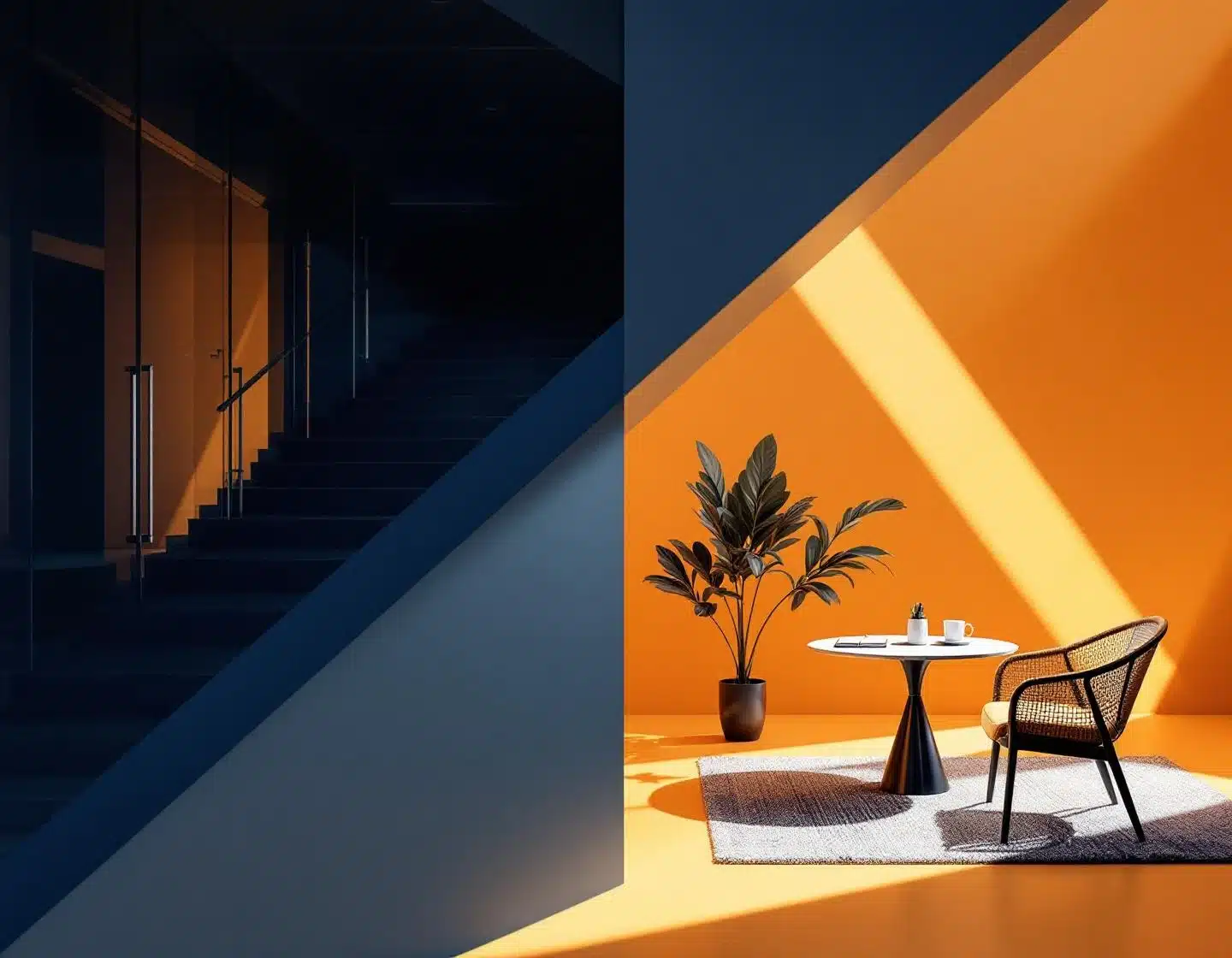 moderne kantooromgeving met geometrische verdeling: donkerblauwe corporate ruimte en warme oranje werkplek met hout