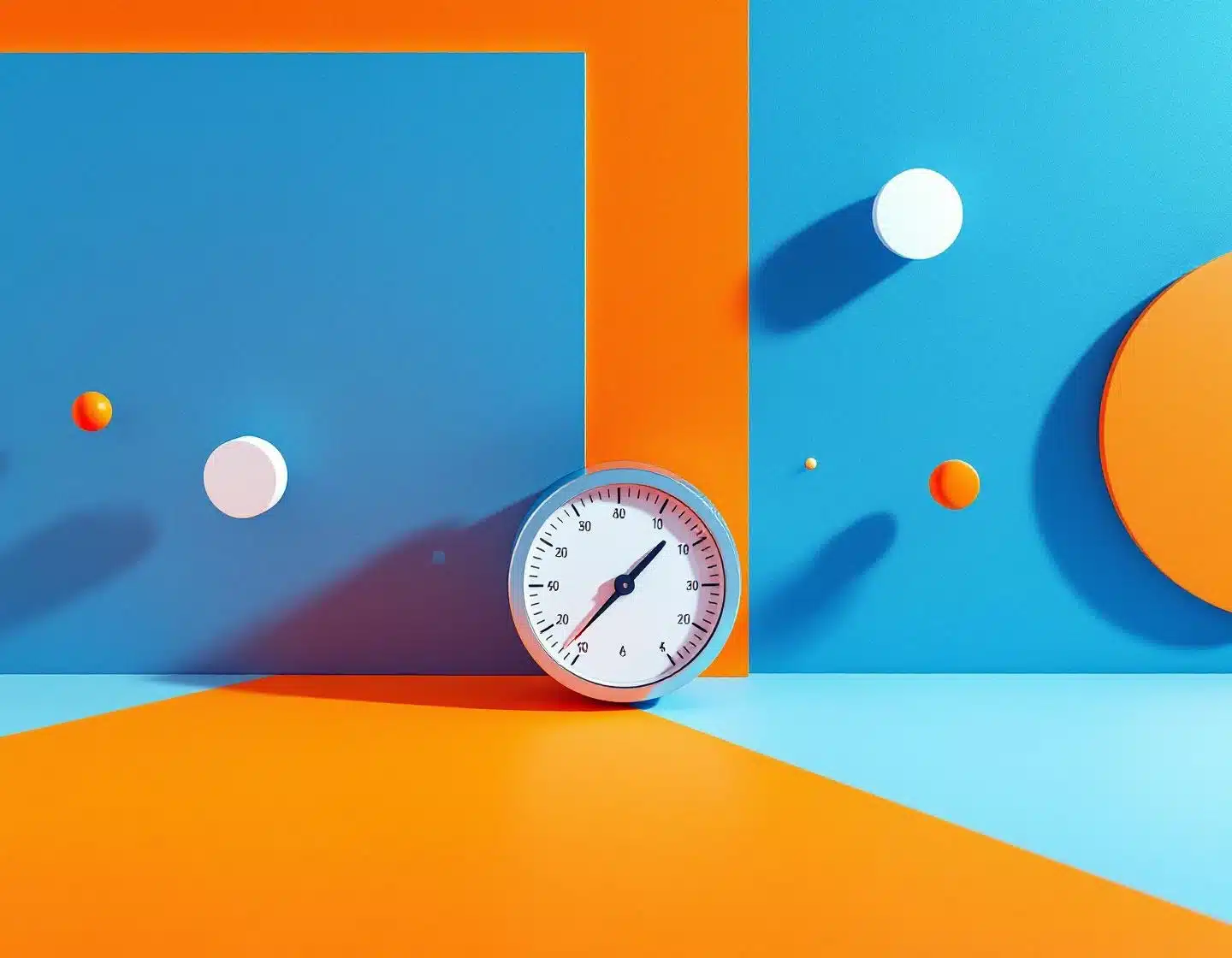 moderne meetinstrument met blauwe en oranje geometrische achtergrond en zwevende datavisualisatie-elementen