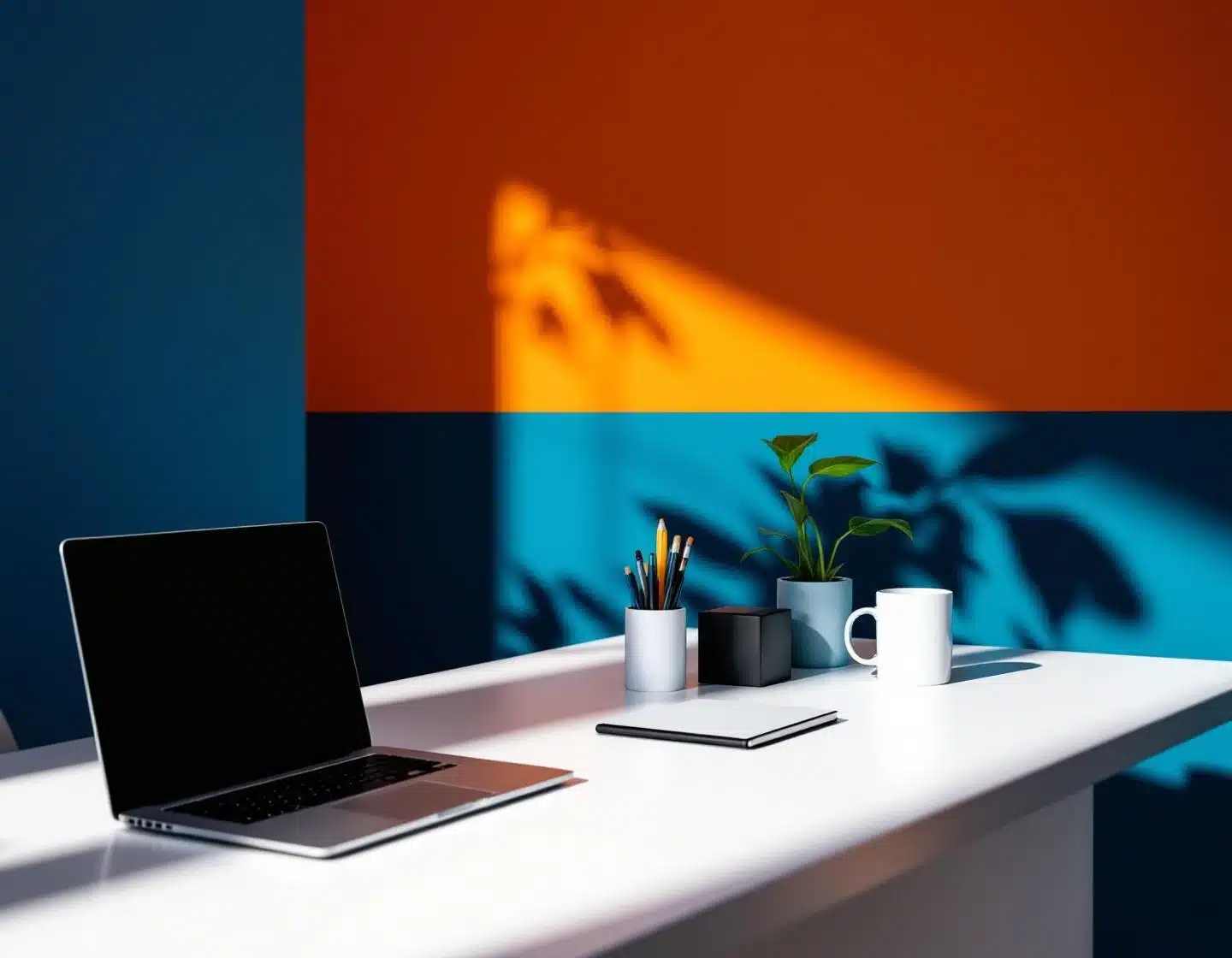 moderne kantoorwerkplek met laptop en koffiekopjes op wit bureau, dramatische belichting en geometrische schaduwen