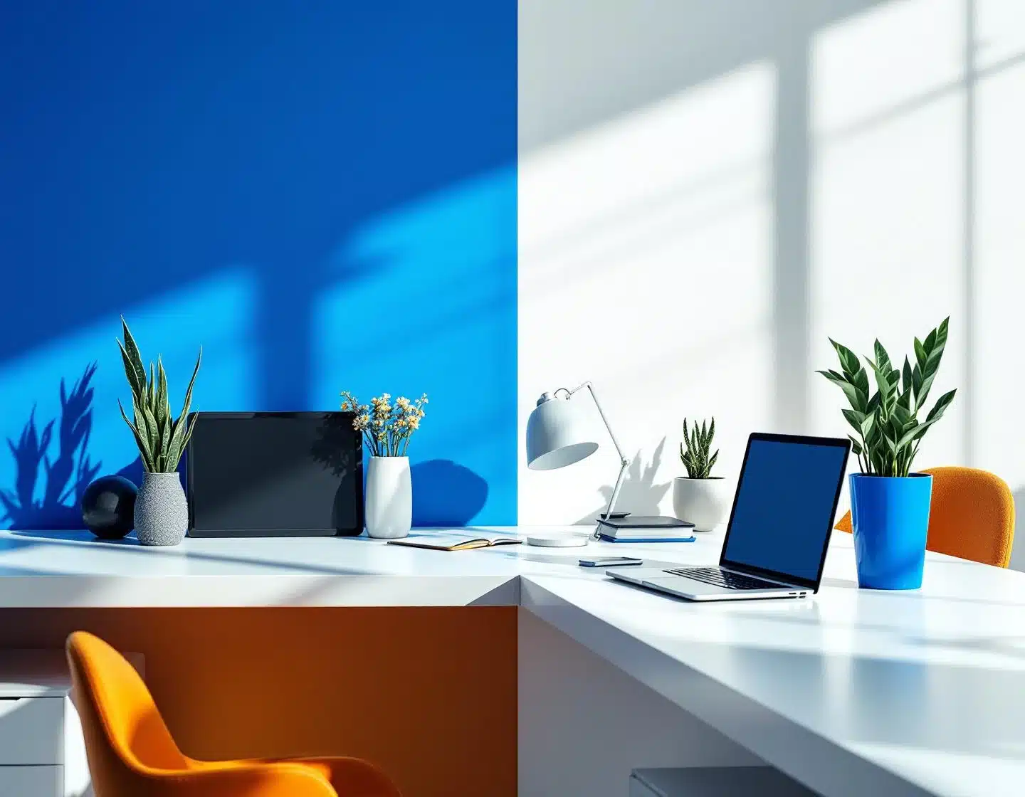 modern kantooromgeving met wit bureau, blauwe accenten, documenten en digitale apparaten in dramatisch licht