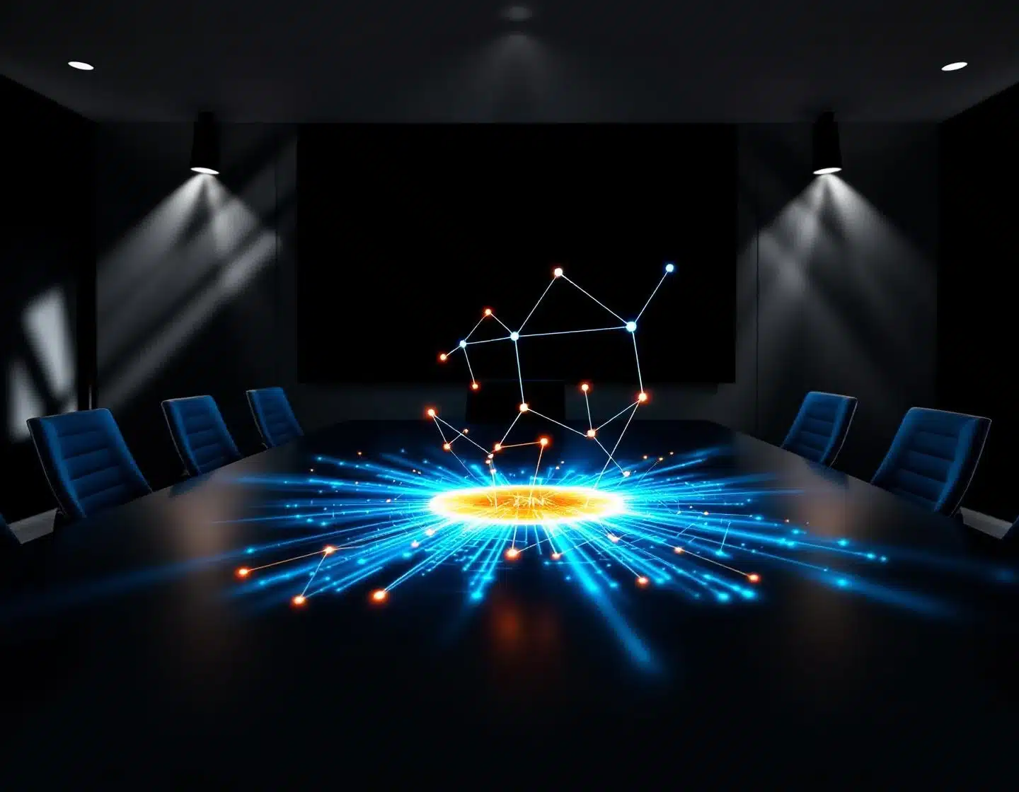 moderne bestuurskamer met holografische netwerkprojectie van talentverbindingen in blauw en oranje boven conferentietafel