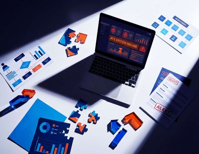 laptop met kleurrijk dashboard en waarschuwingsindicatoren op modern bureau, omringd door hr-documenten en grafieken