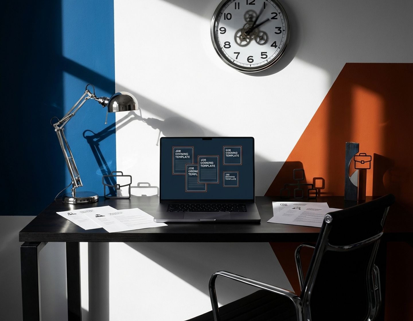 moderne bureauopstelling met laptop die lege vacaturetemplates toont, omringd door cv's en kantoorspullen