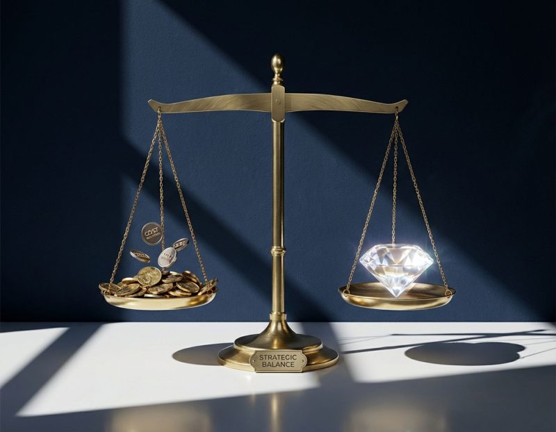 gouden weegschaal met munten en diamant tegen donkerblauwe achtergrond, symboliseert balans tussen kosten en kwaliteit