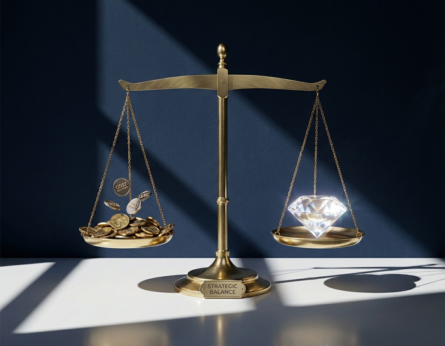 gouden weegschaal met munten en diamant tegen donkerblauwe achtergrond, symboliseert balans tussen kosten en kwaliteit