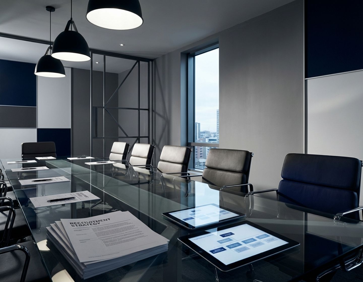 moderne vergaderzaal met glazen tafel, symmetrische stoelen en wervingsdocumenten onder dramatische verlichting