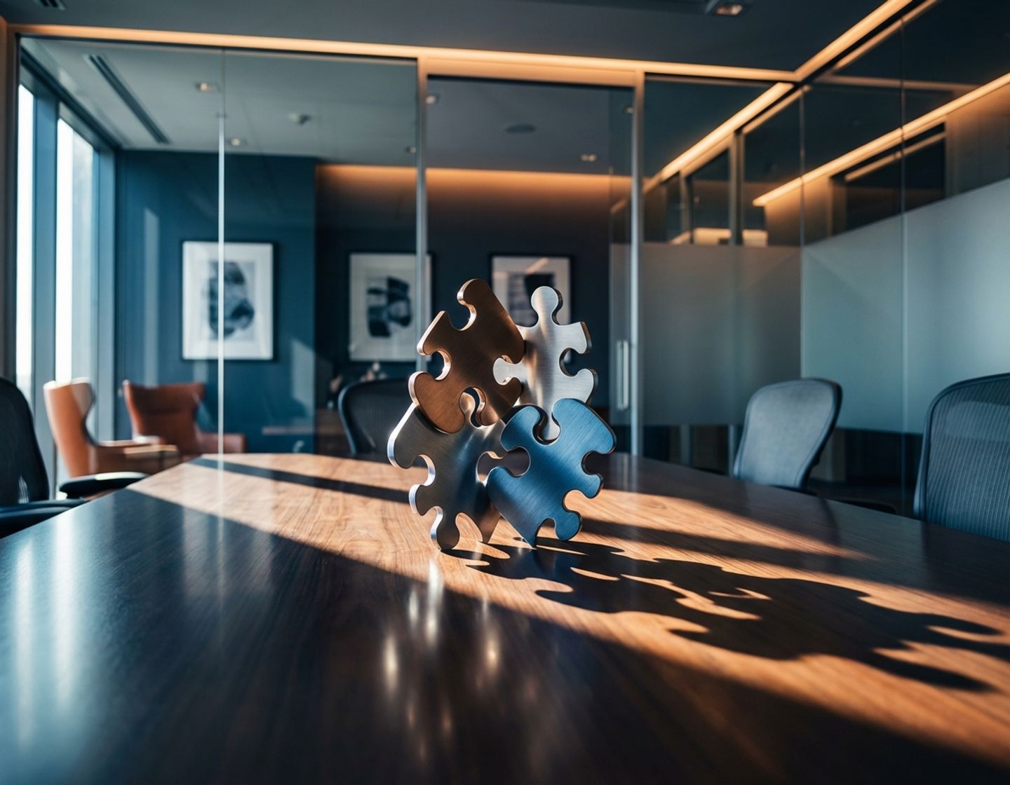 metalen puzzelstukjes in bedrijfskleuren op conferentietafel in modern kantoor met dramatische belichting