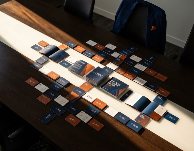 moderne vergadertafel met 50+ visitekaartjes en portfolio's van bureaus, dramatische belichting met navy en oranje accenten