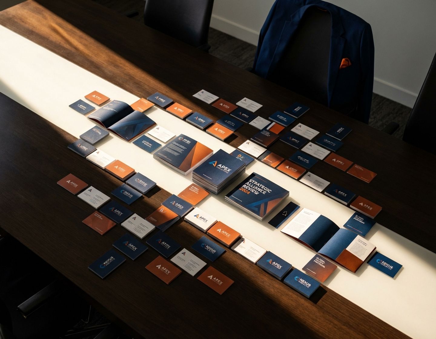 moderne vergadertafel met 50+ visitekaartjes en portfolio's van bureaus, dramatische belichting met navy en oranje accenten