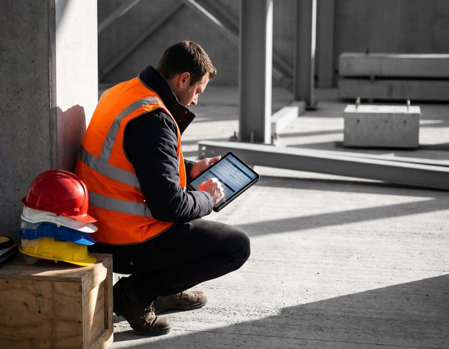 bouwplaats supervisor in oranje veiligheidsvest bekijkt wervingsapplicaties op tablet naast stapel helmen