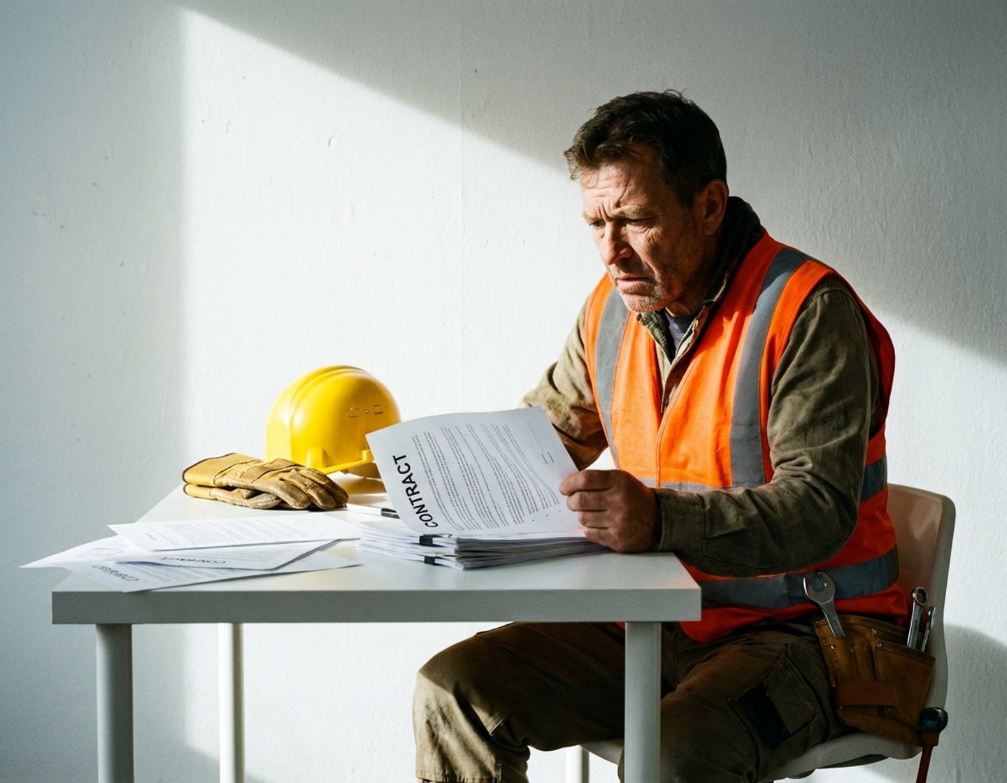bouwvakker in hesje leest contract aan wit bureau met helm en gereedschap, bezorgde uitdrukking op gezicht