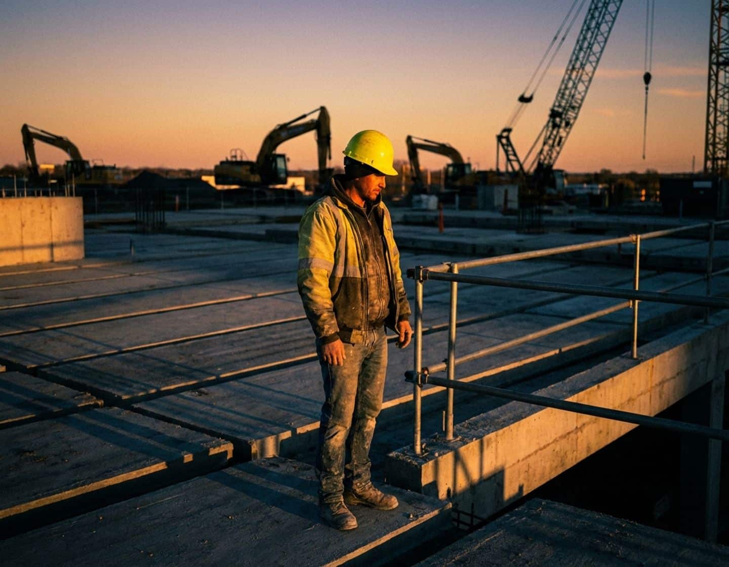bouwvakker in gele helm staat alleen op lege bouwplaats met betonvloeren en machines op achtergrond