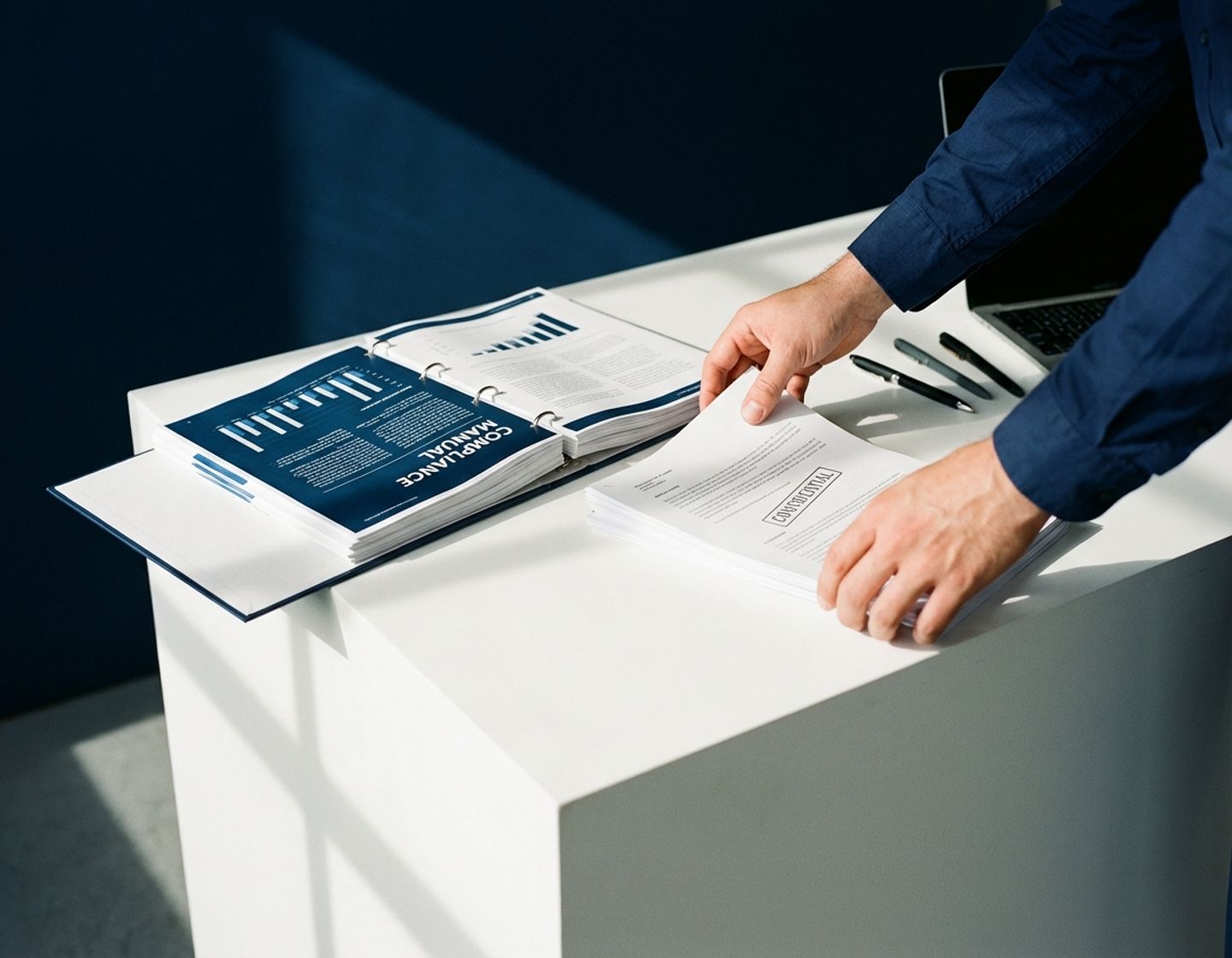 professionele handen organiseren juridische documenten naast open compliance handboek op moderne kantoorbureau