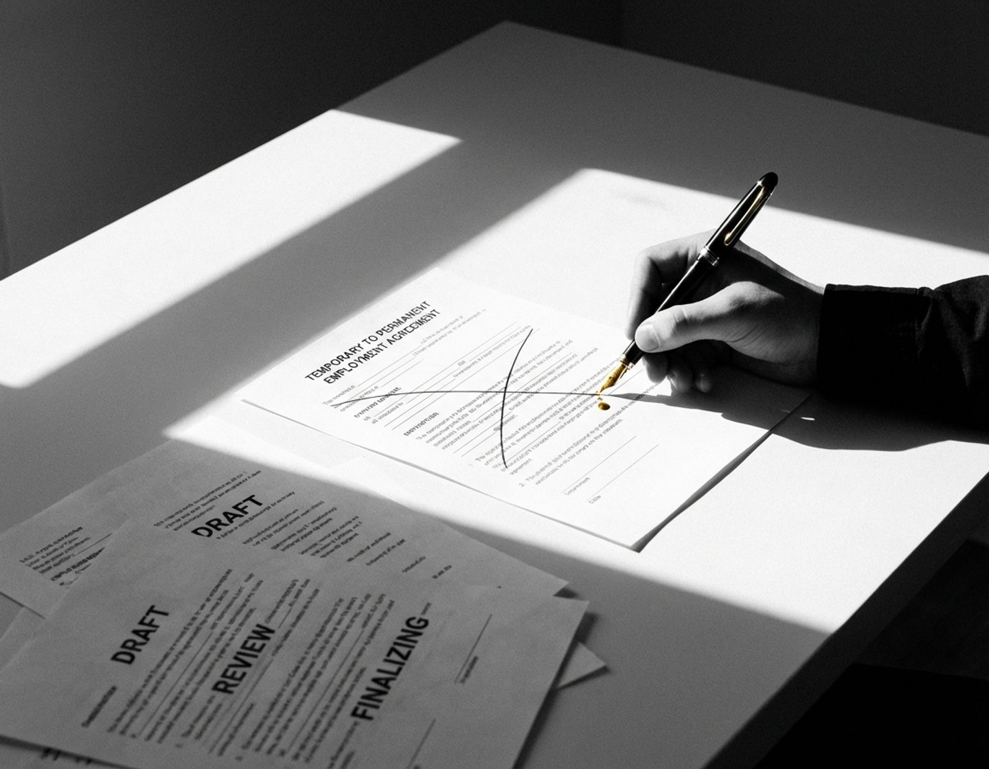 professionele hand met gouden vulpen die arbeidscontract wijzigt van tijdelijk naar vast op modern bureau