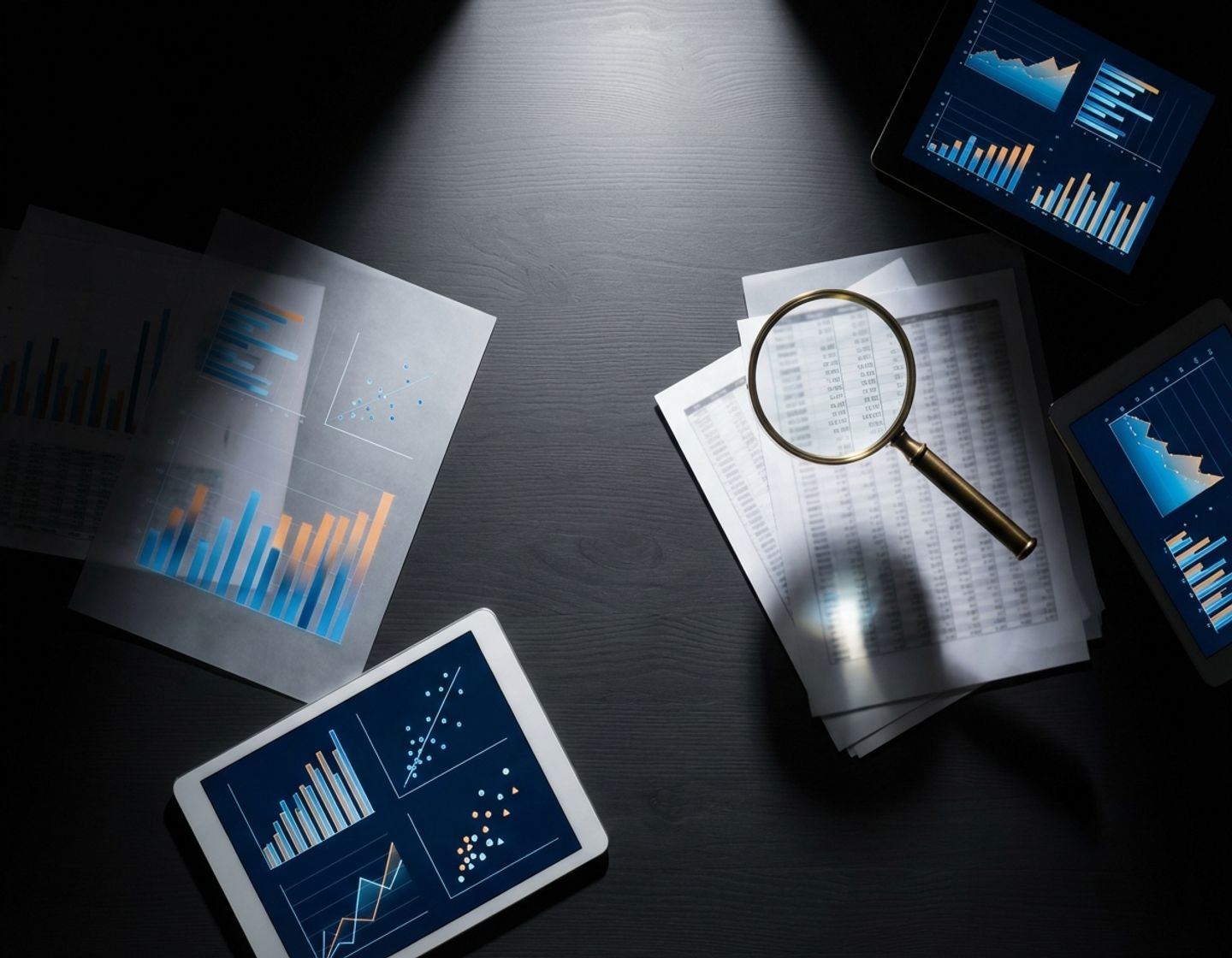 moderne werkplek met kleurrijke datavisualisaties, grafieken en vergrootglas op donker bureau, overhead perspectief