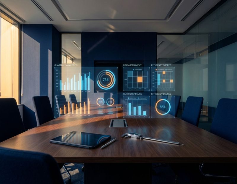 moderne vergaderruimte met holografische datavisualisaties in blauw en oranje, digitale tablet op gepolijste tafel