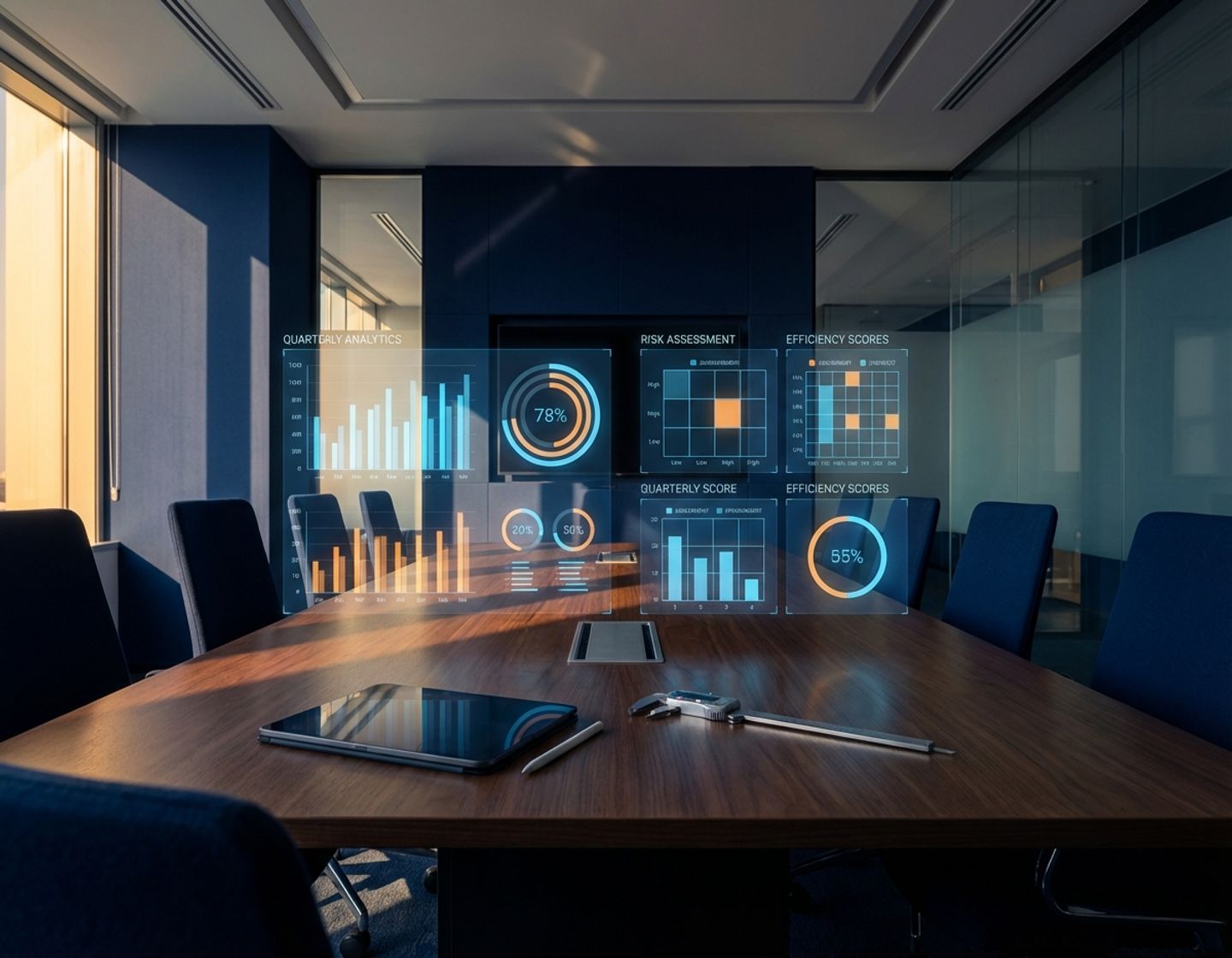 moderne vergaderruimte met holografische datavisualisaties in blauw en oranje, digitale tablet op gepolijste tafel