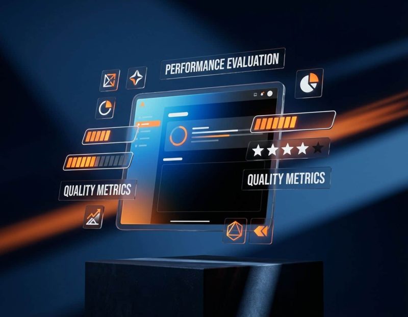 digitaal dashboard met evaluatie-interface en data visualisatie elementen in oranje en wit tegen blauwe achtergrond