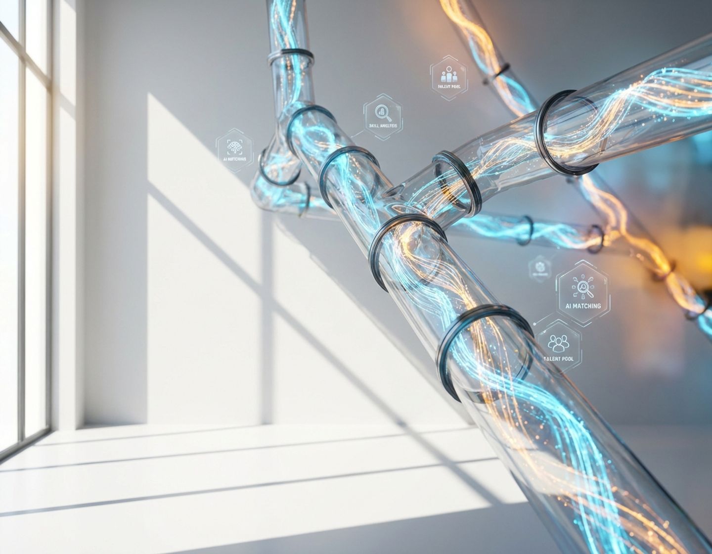 moderne digitale talentpijplijn met gloeiende deeltjes in glazen buizen, ai-recruitment visualisatie met blauwe en oranje accenten
