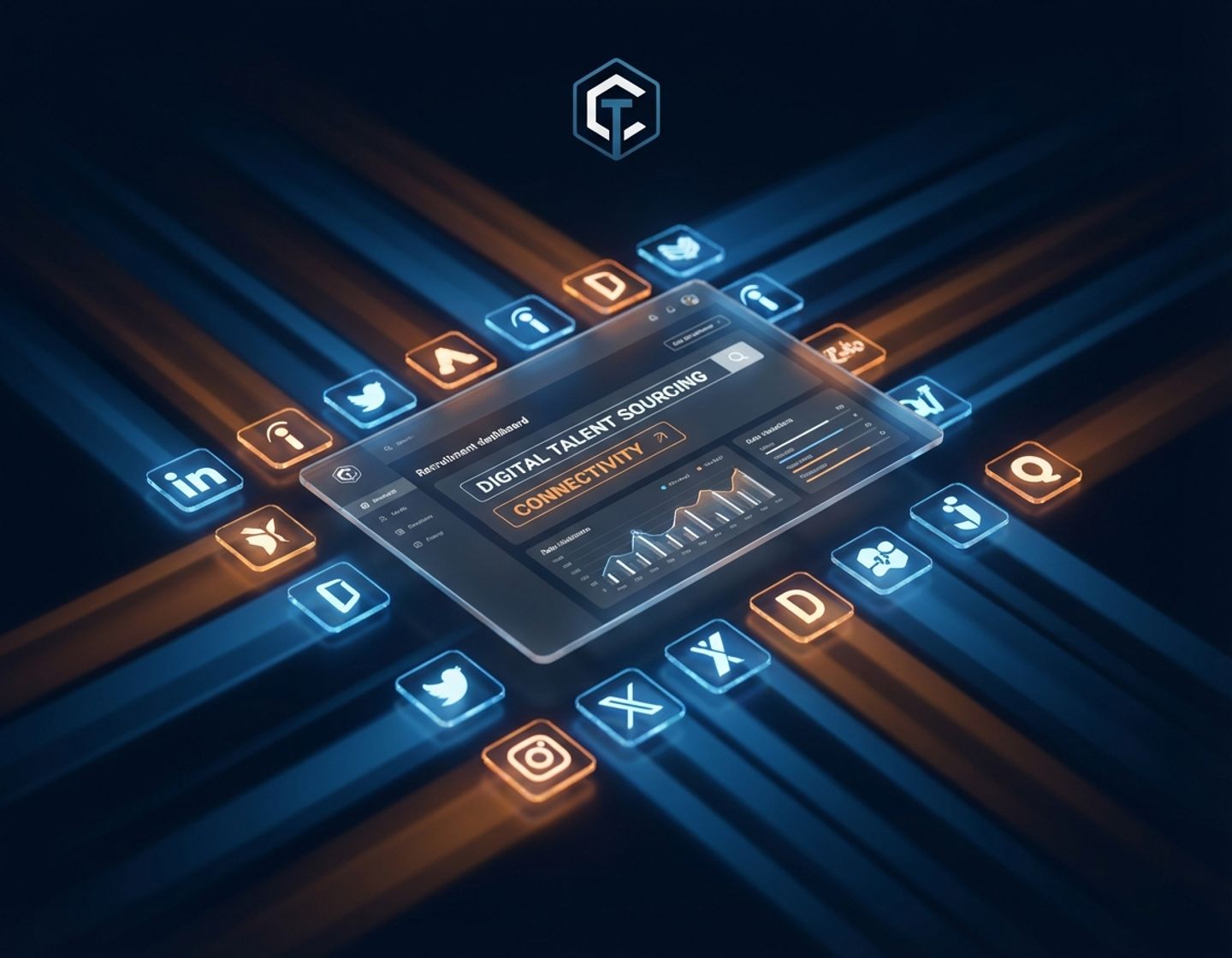 digitaal wervingsdashboard met linkedin en social media iconen in modern interface design met oranje en blauwe accenten