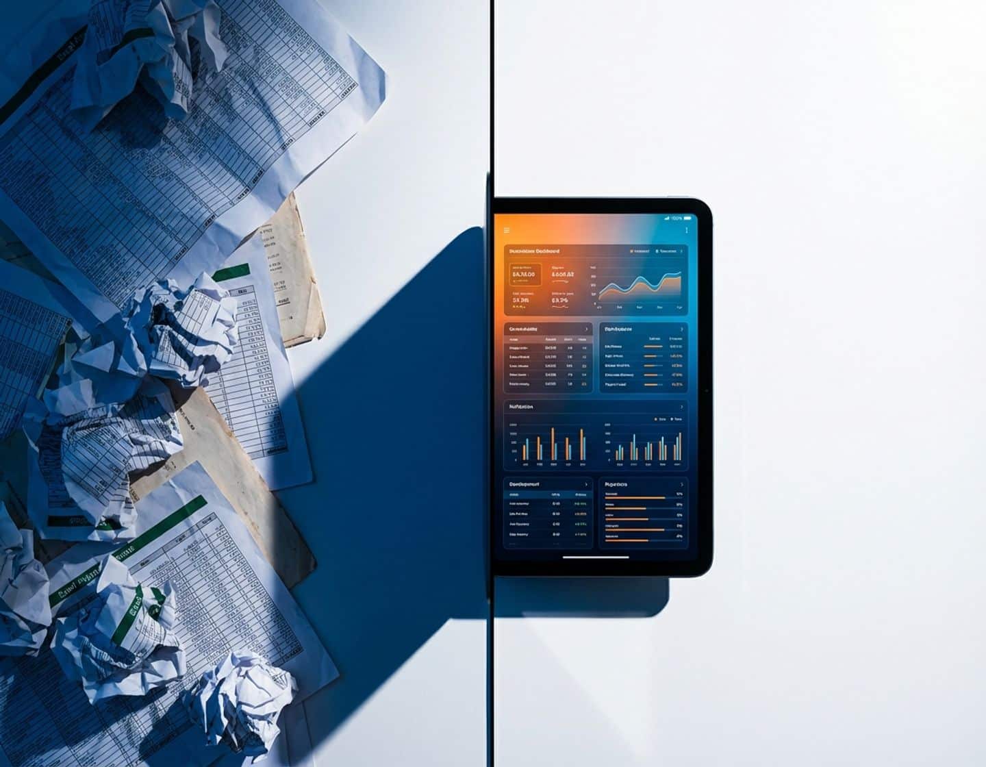 gesplitst beeld met verkreukelde excel-spreadsheets links en strak digitaal interface rechts, blauw-oranje contrast