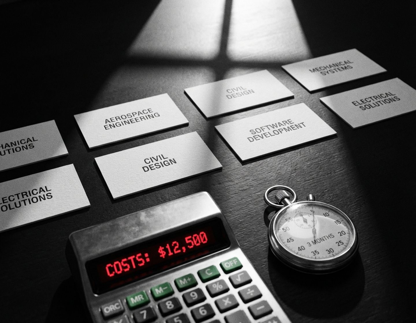 moderne kantoorbureau met tien visitekaartjes van ingenieurs, rekenmachine met kostenberekening en stopwatch voor planning