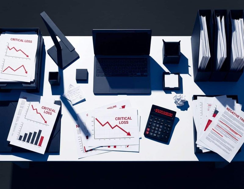 bovenaanzicht van moderne bureautafel met financiële documenten, dalende rode pijlen en negatieve calculatorresultaten