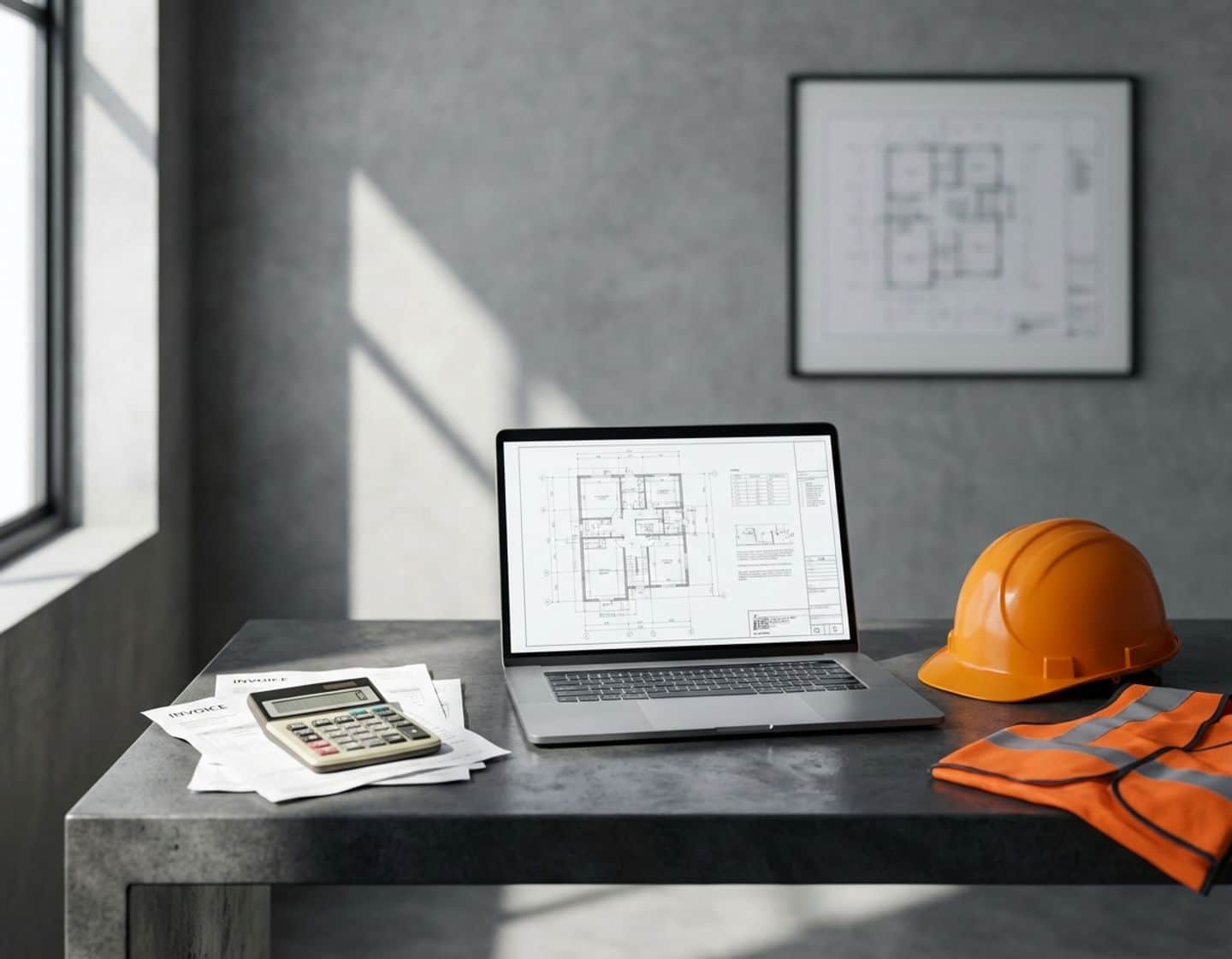 freelancer werkplek met laptop, blauwdrukken, rekenmachine, facturen en oranje veiligheidshelm op betonnen bureau
