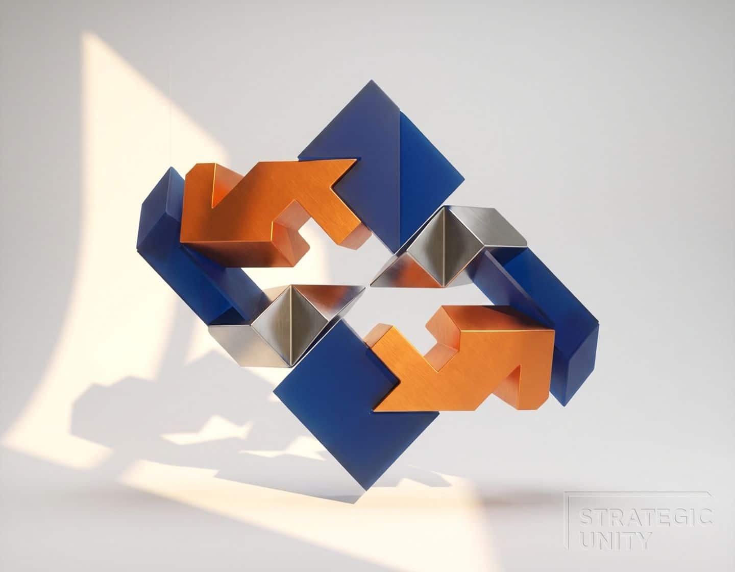 onderling verbonden geometrische puzzelstukken in oranje en blauw tegen witte achtergrond met dramatische schaduwen