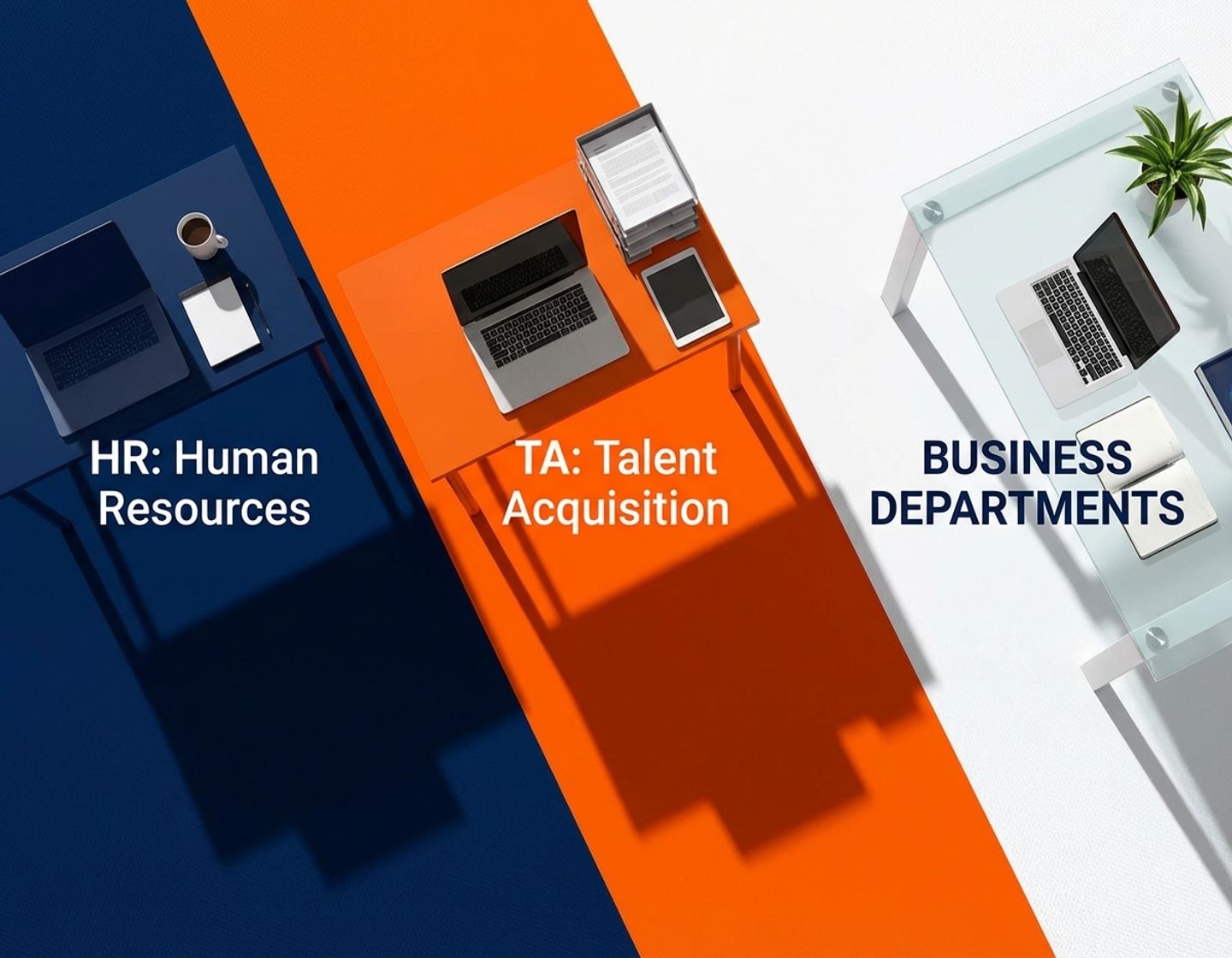 moderne kantoorillustratie met drie gescheiden geometrische secties in marineblauw, oranje en wit die hr-, ta- en bedrijfsafdelingen verbeelden