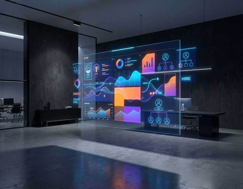 moderne kantoorruimte met zwevend digitaal dashboard vol kleurrijke hr-analytics, grafieken en rekruteringsdata