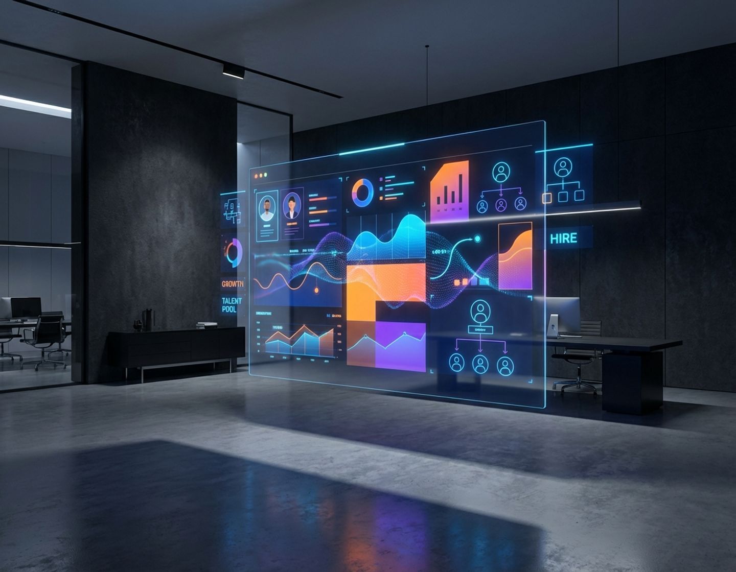 moderne kantoorruimte met zwevend digitaal dashboard vol kleurrijke hr-analytics, grafieken en rekruteringsdata