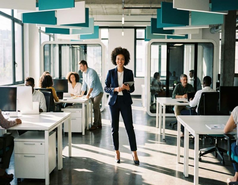 zelfverzekerde interim hr-manager in marineblauw jasje staat centraal in modern tech kantoor met divers team