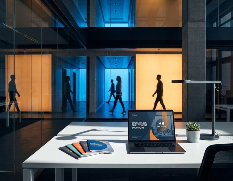 modern kantoor met laptop en wervingsmaterialen op wit bureau, silhouetten van werknemers in glazen gangen op achtergrond