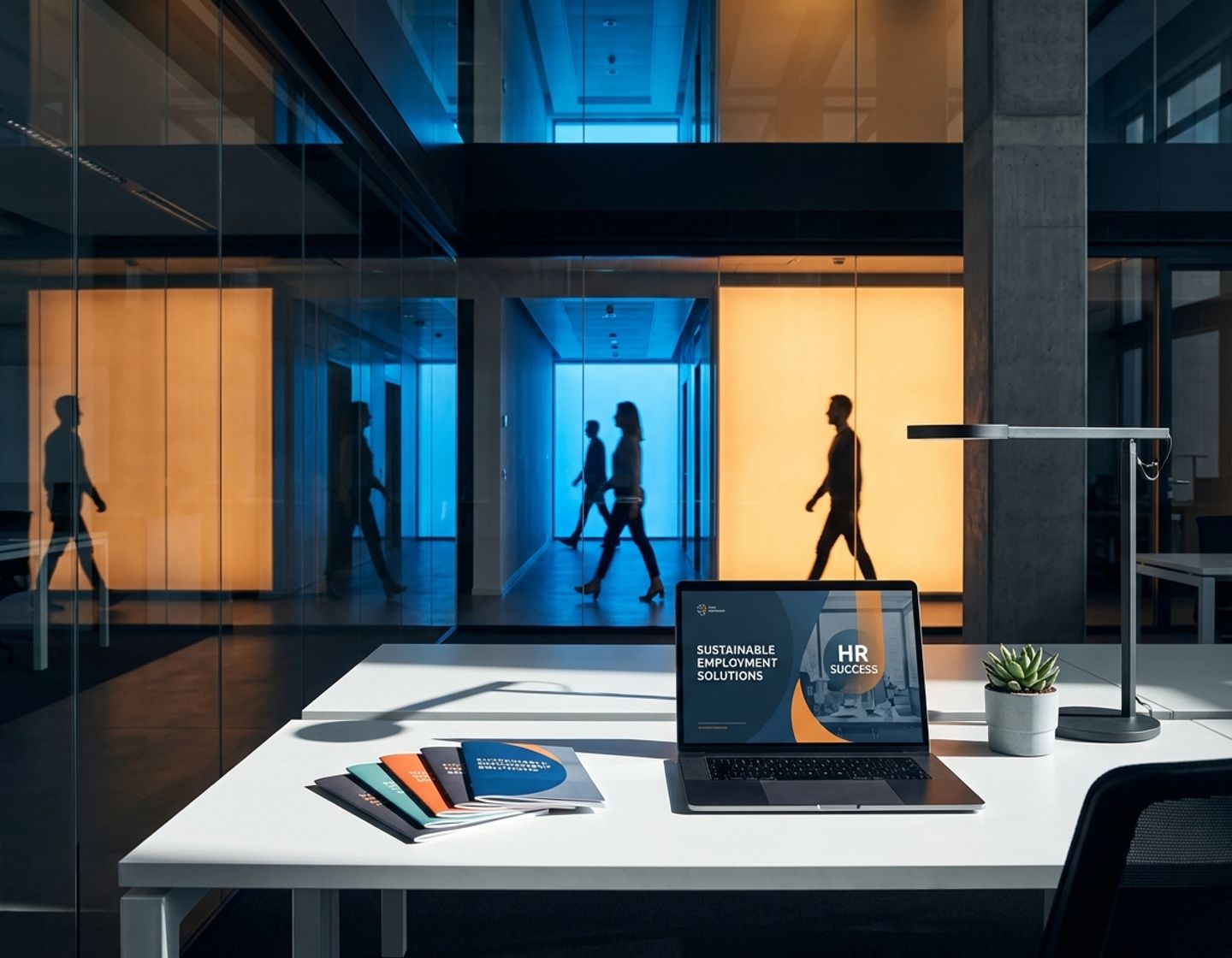 modern kantoor met laptop en wervingsmaterialen op wit bureau, silhouetten van werknemers in glazen gangen op achtergrond