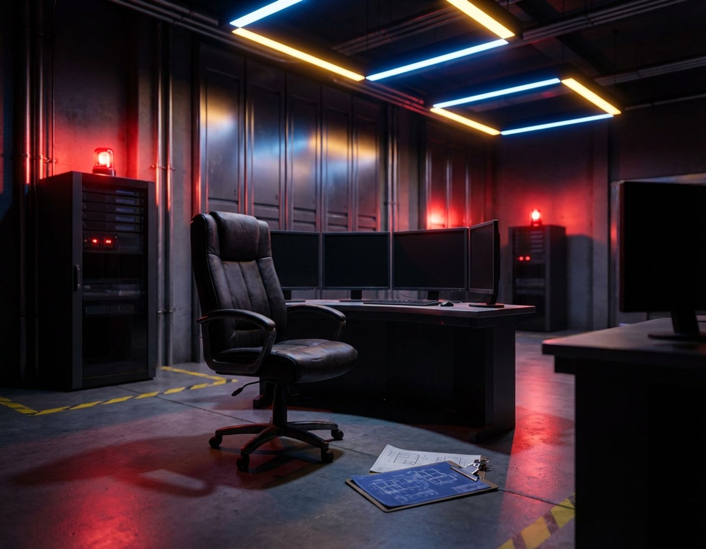lege industriële controlkamer met donkere monitoren, rode waarschuwingslichten en verlaten bureaustoel