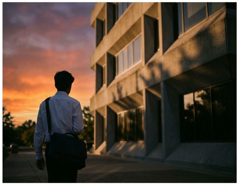 jonge ingenieur met laptoptas loopt weg van grijs kantoorgebouw bij zonsondergang, dramatische belichting en schaduwen