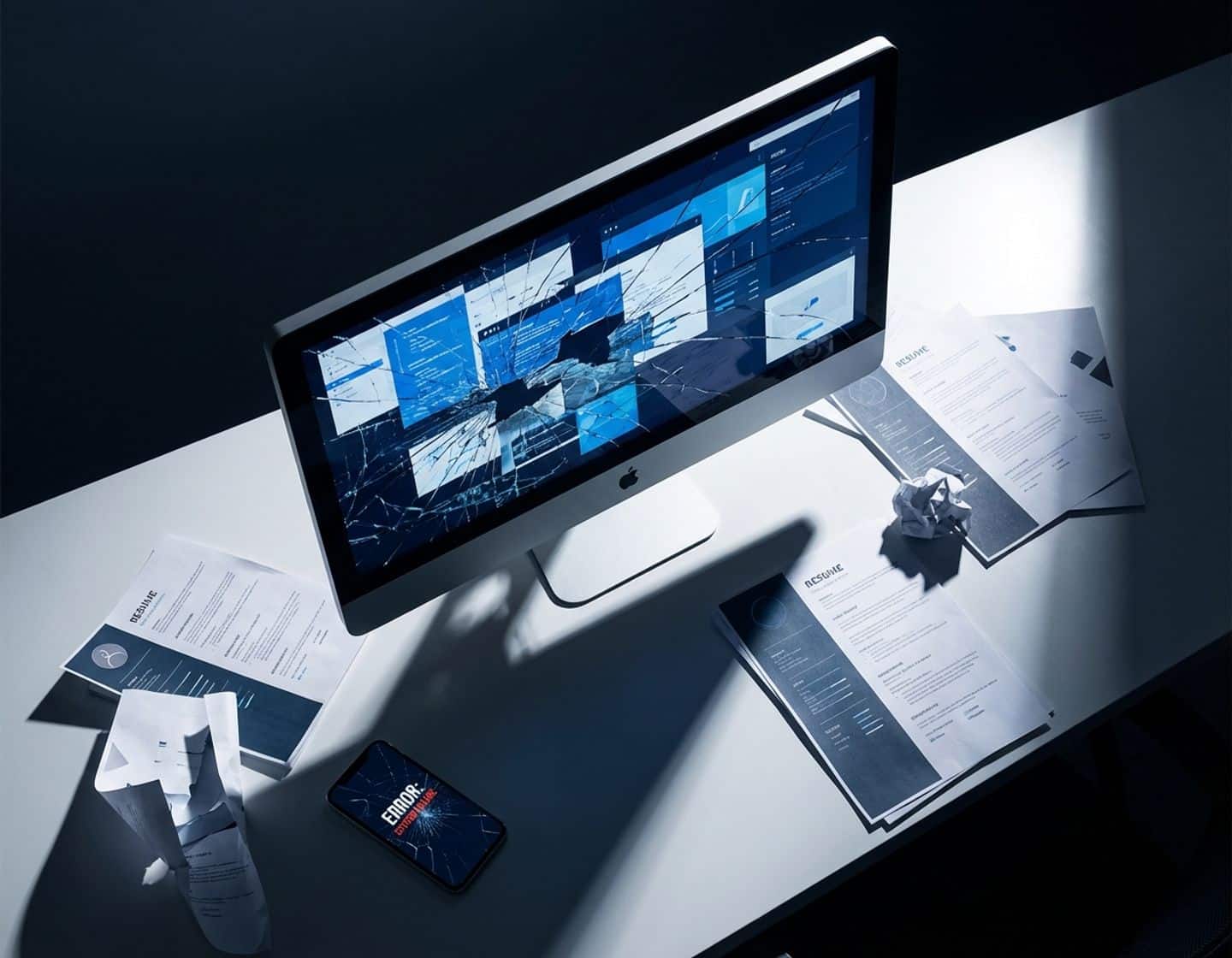 kapotte computermonitor met foutmeldingen op modern bureau met verspreide cv's en smartphone, dramatische belichting