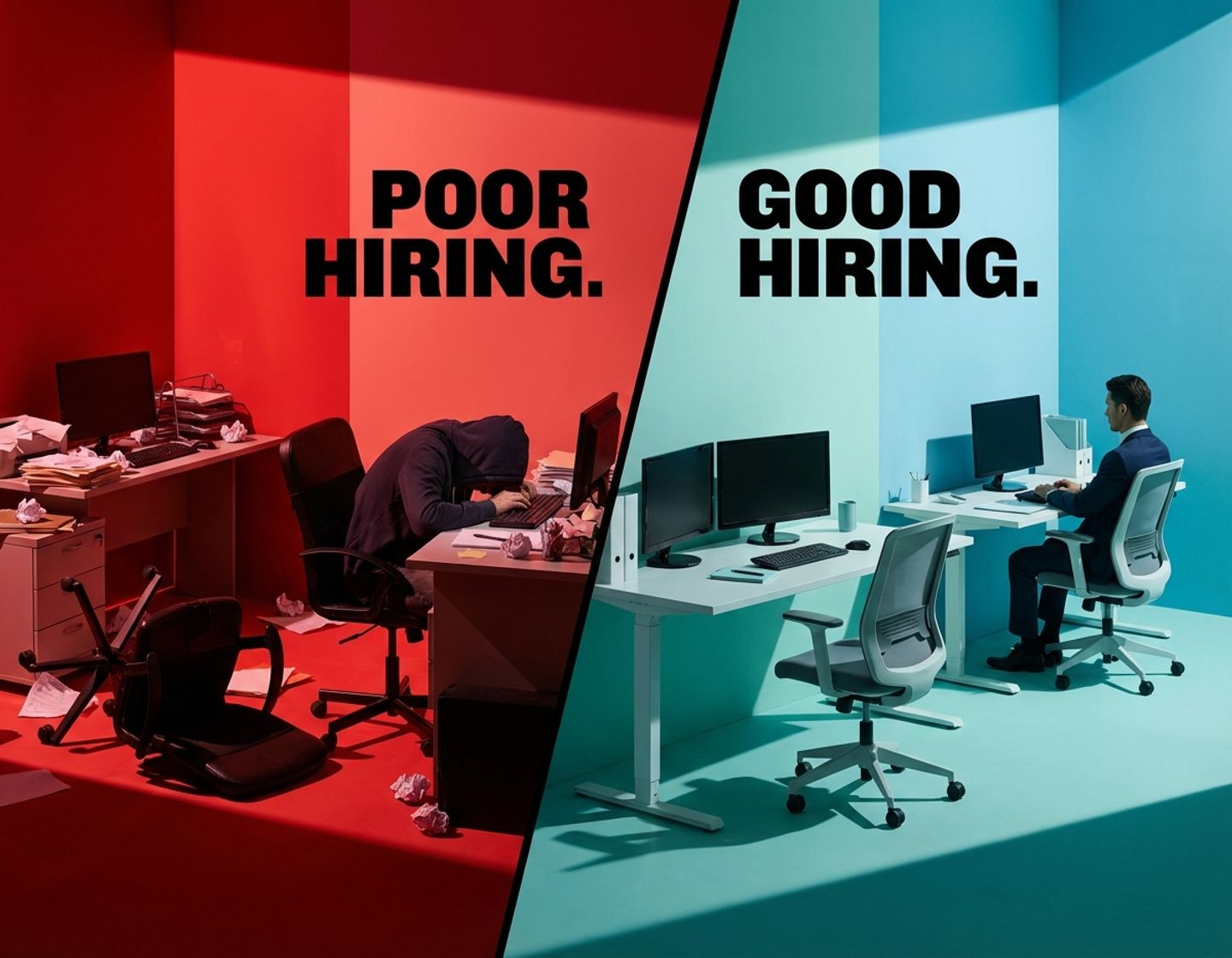 gesplitst kantoor toont contrast tussen chaotische werkplek met rode verlichting en moderne, georganiseerde ruimte met blauw licht