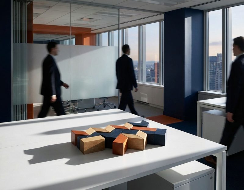 houten puzzelblokken in geometrisch patroon op wit bureau in modern kantoor met zakenmensen op achtergrond